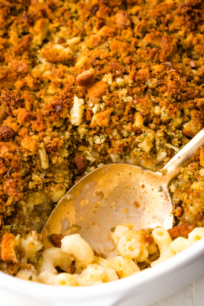 Cooked mac and cheese with stuffing topping