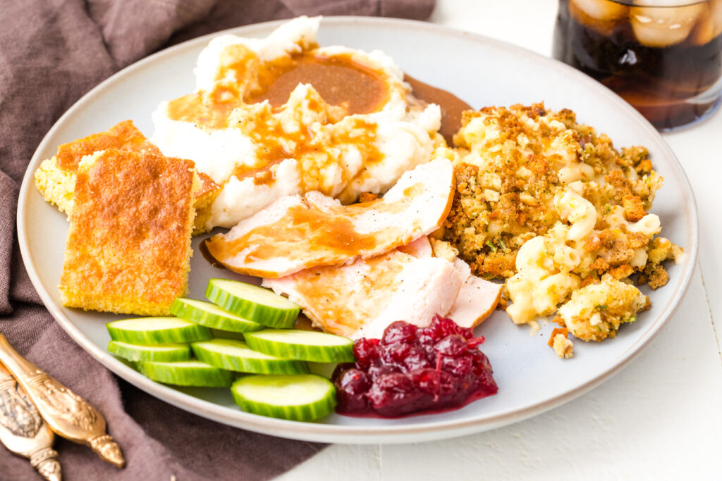 Thanksgiving dinner on a light blue plate