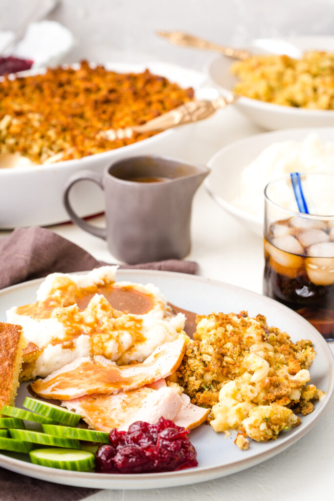 Thanksgiving dinner with a baked mac and cheese