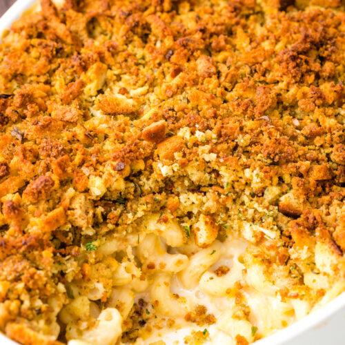White cheddar mac and cheese baked in a white dish