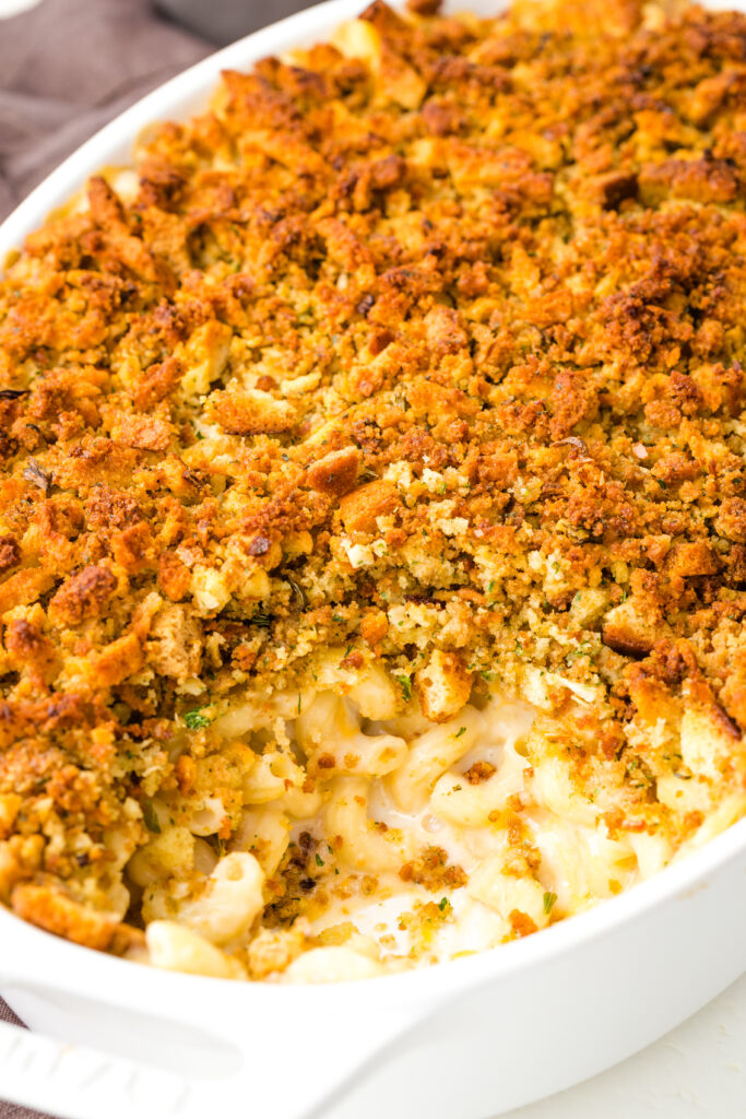 White cheddar mac and cheese baked in a white dish