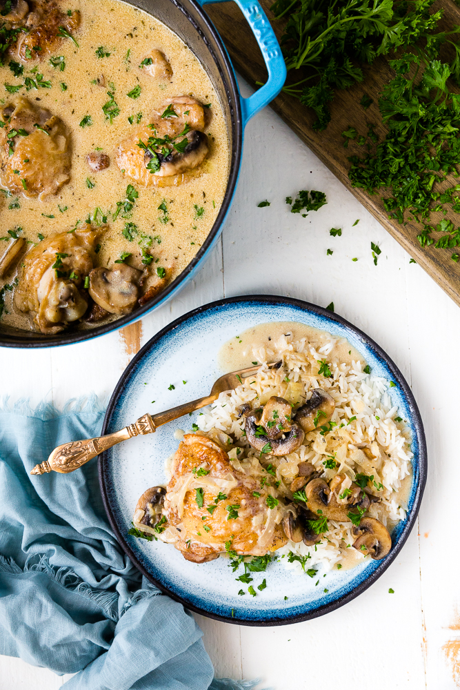 Chicken thighs in a creamy mushroom sauce