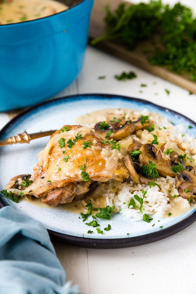 Easy chicken stew, or chicken fricassee, a tender and juicy chicken thigh in a creamy mushroom sauce. 