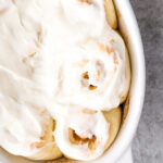 Mini cinnamon rolls with a cream cheese and vanilla icing