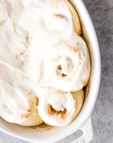 Mini cinnamon rolls with a cream cheese and vanilla icing