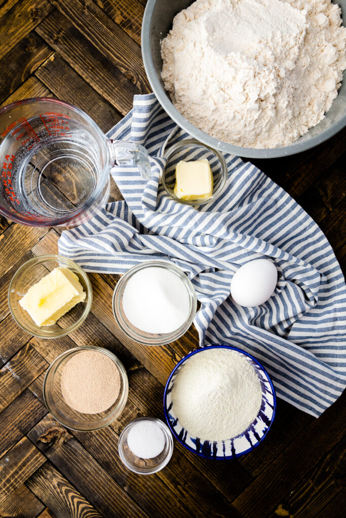 The ingredients for Lion House Rolls, a dinner roll that is light and fluffy. 