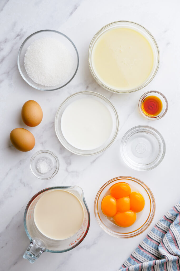 The simple line up of ingredients for making flan. 