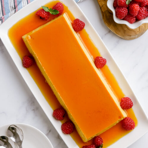 unmolded flan, on a white plan