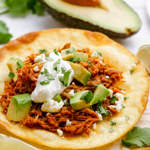 Tinga, fresh cooked pork with a crispy tortilla