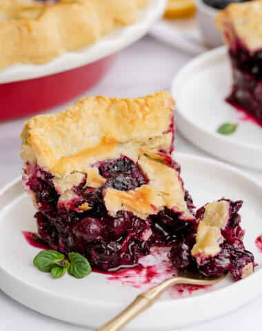 A slice of blueberry pie, with a bite taken out, flaky crust, thick filling