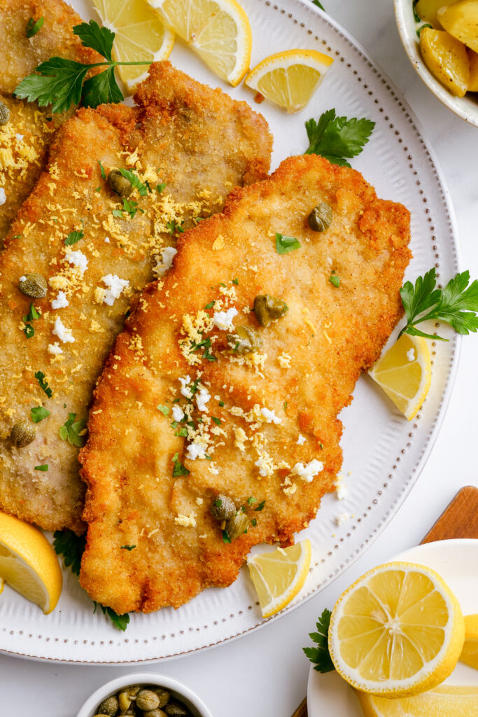 Schnitzel, a delightful pounded meat that is breaded and fried. 