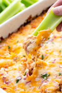 BBQ chicken ranch dip, cheese pull with celery