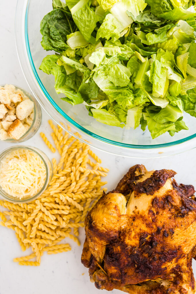 Ingredients needed for chicken caesar pasta salad