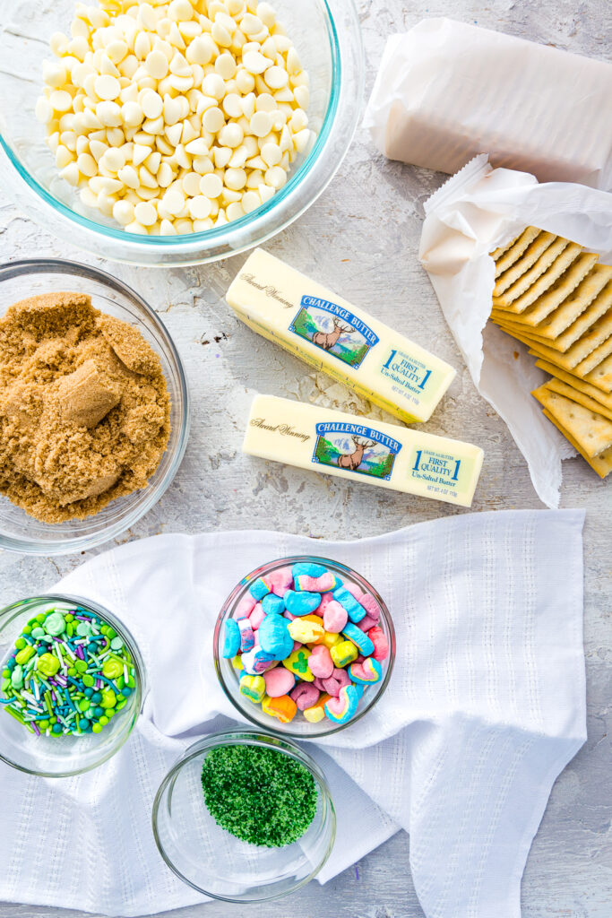 Ingredients needed to make Leprechaun Crack or in other words, Saltine toffee for St. Patrick's Day