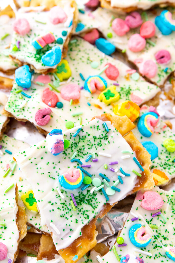 Leprechaun crack or Saltine Toffee with fun St Patrick's Day sprinkles and marshmallows on top