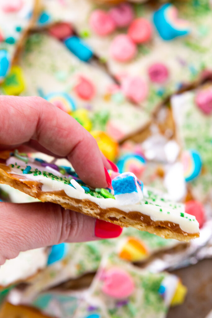 Leprechaun Crack or saltine toffee, layers of crackers, toffee, chocolate and sprinkles