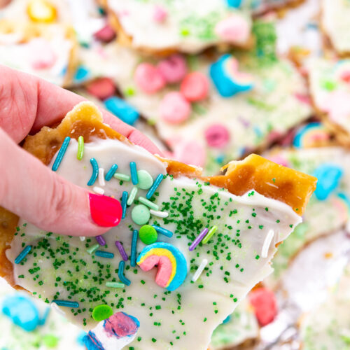 A piece of St patrick's day themed Saltine Toffee, or in other words, Leprechan Crack