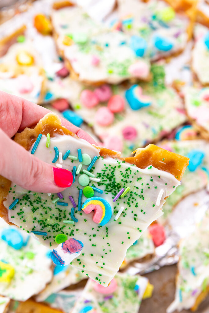 A piece of St patrick's day themed Saltine Toffee, or in other words, Leprechan Crack