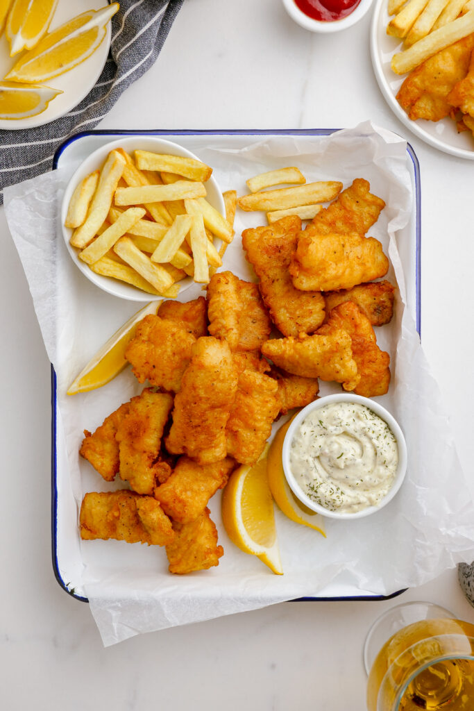 A platter of crispy beer battered fried fish