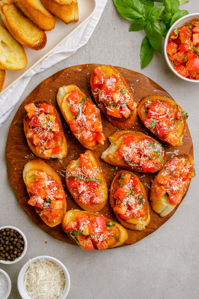 A platter full of bruschetta