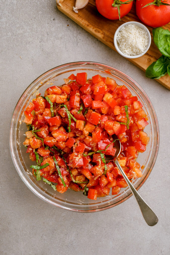 All mixed together, the ingredients for bruschetta