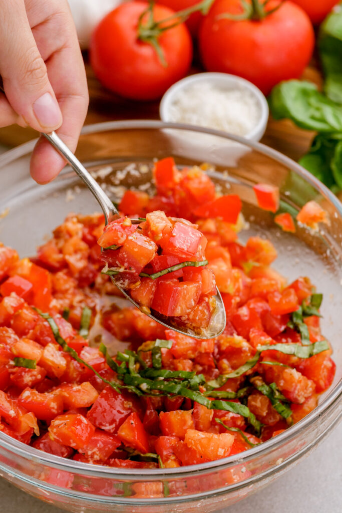 A bowl full of freshly made bruschetta