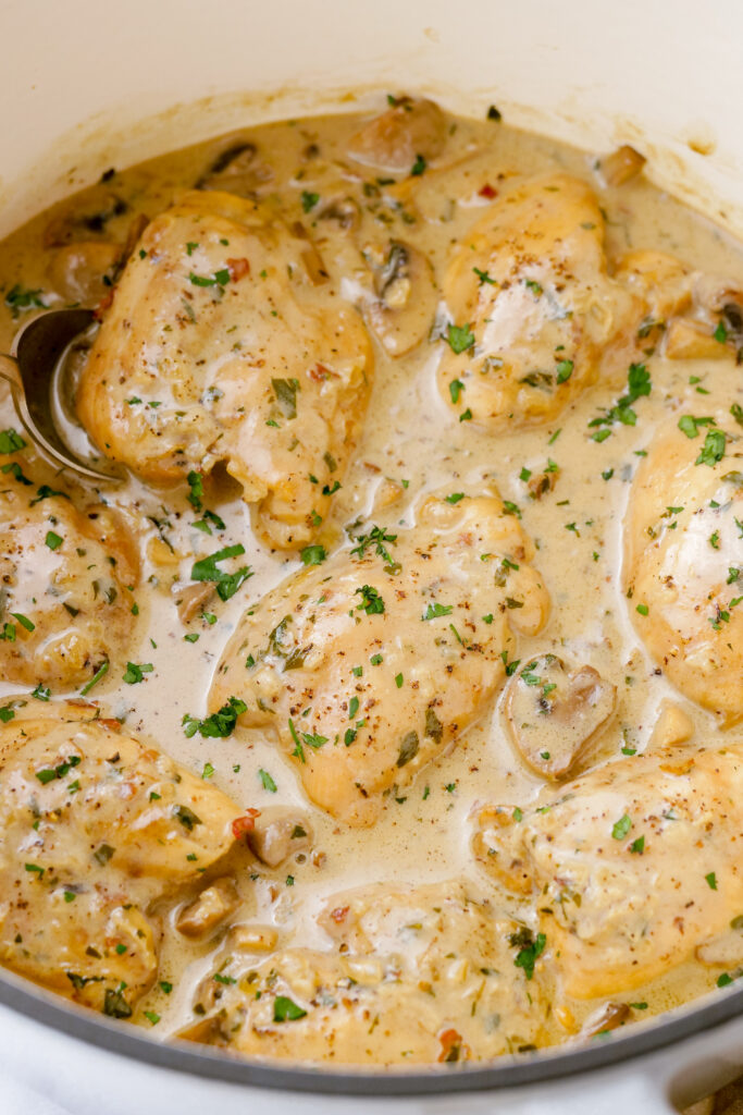 Absolutely decadent chicken fricassee in a creamy mushroom sauce