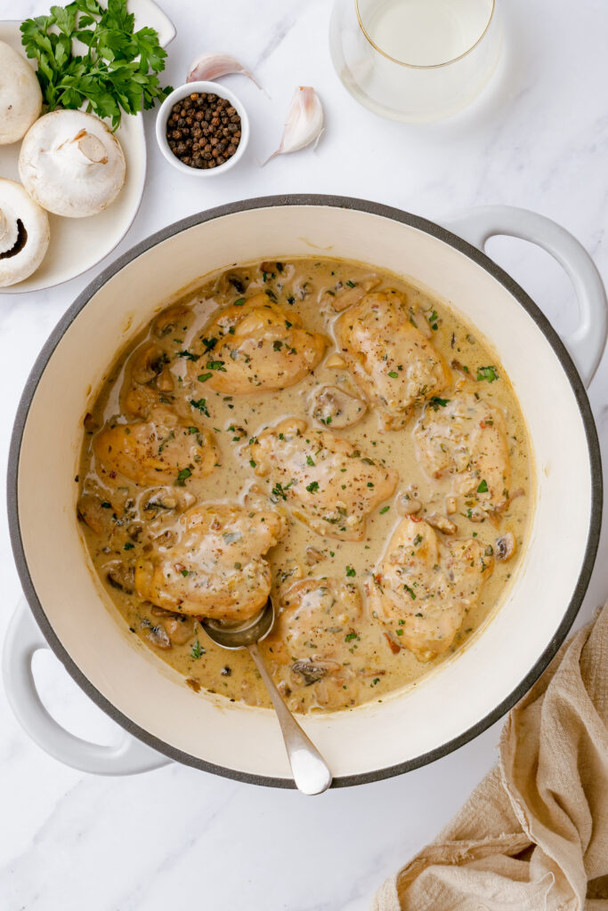 Adding the rest of the ingredients in to your chicken fricassee