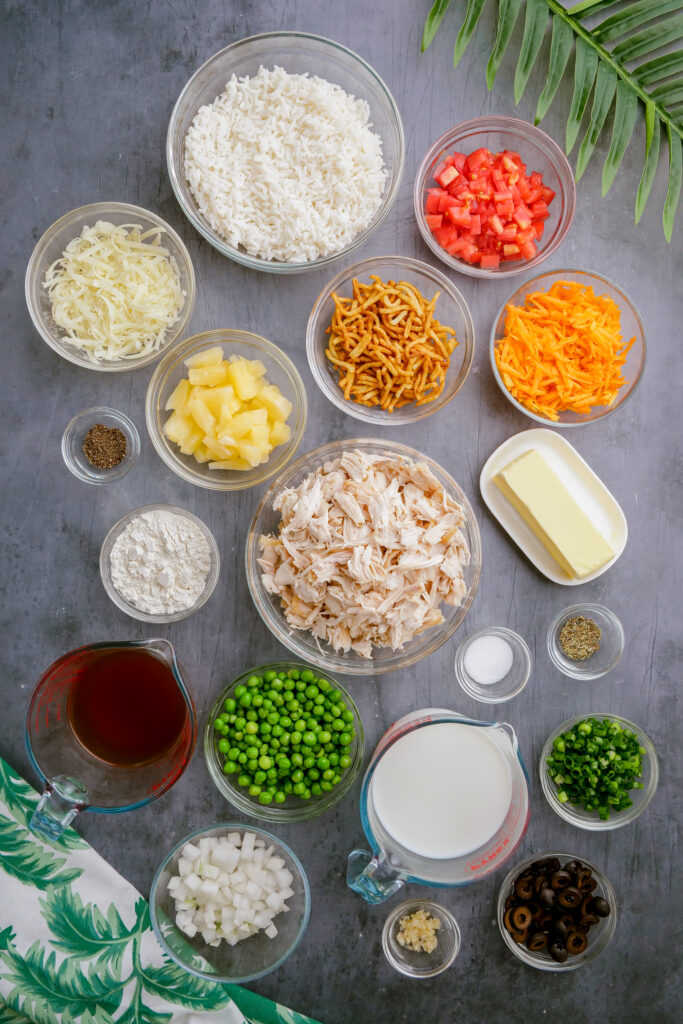 All the ingredients and toppings for Hawaiian Haystacks