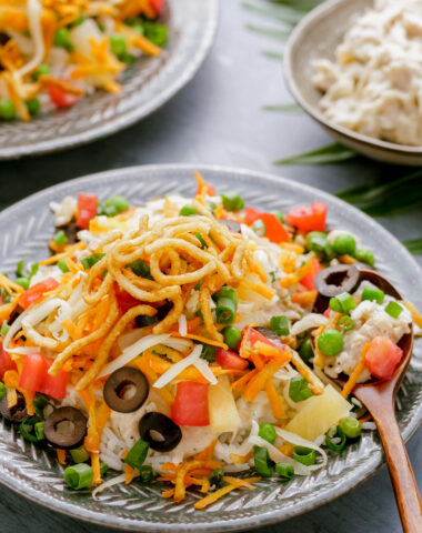 Easy to make Hawaiian haystacks, a creamy chicken gravy over rice loaded with toppings.