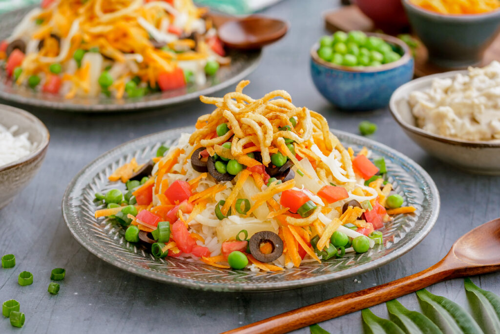 A big plate of Hawaiian haystacks.