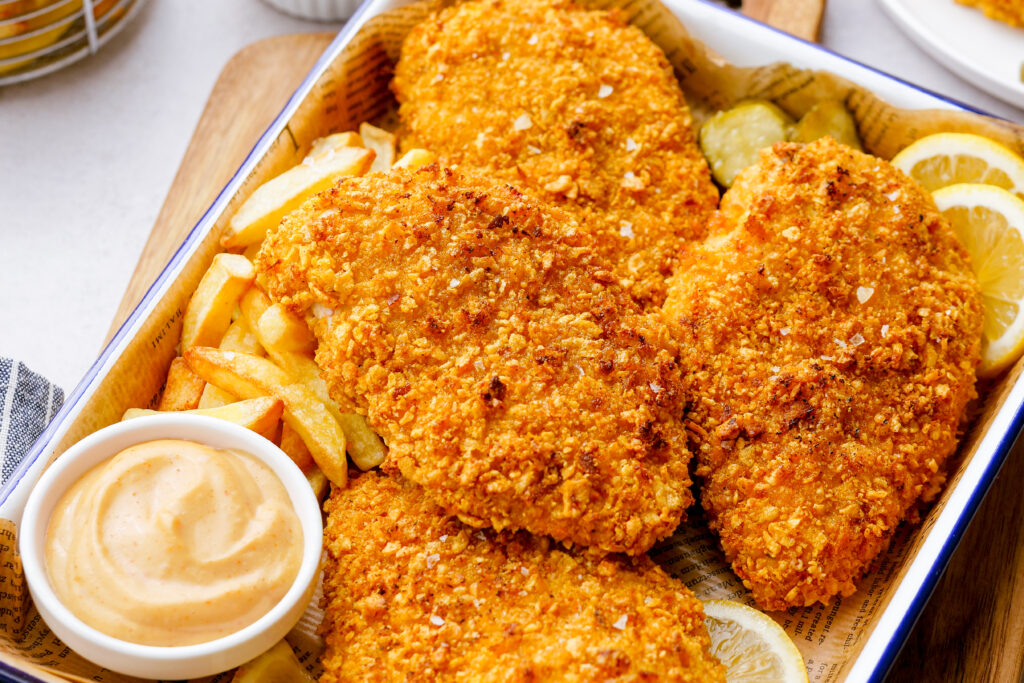 Oven fried chicken on a platter