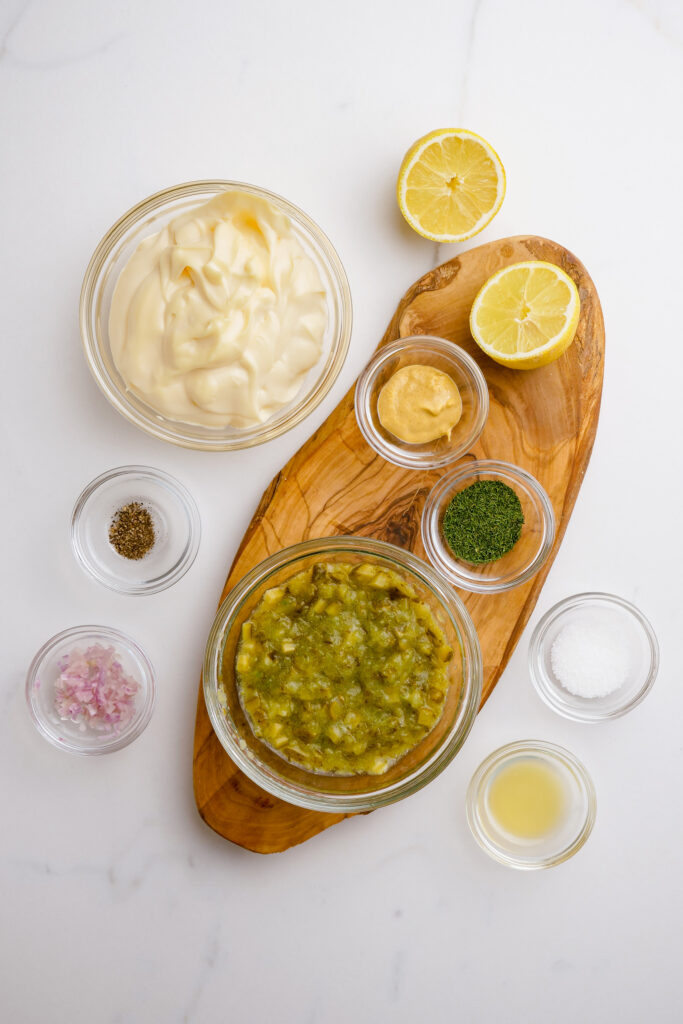 All the ingredients you need to make this tartar sauce at home.