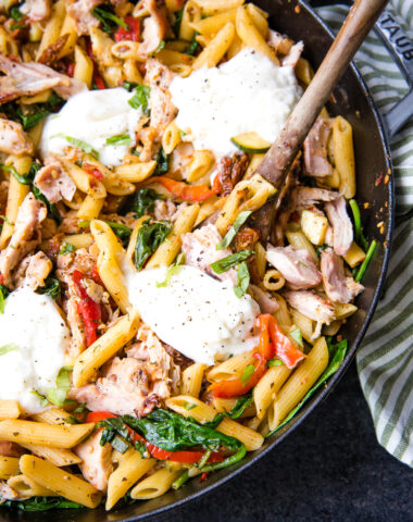 Sun dried tomato pasta in a large skillet