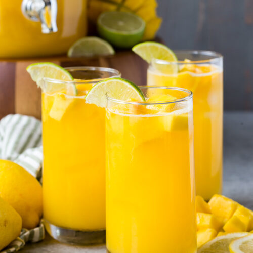 glasses of mango lemonade, fresh made lemonade flavored with mangos.