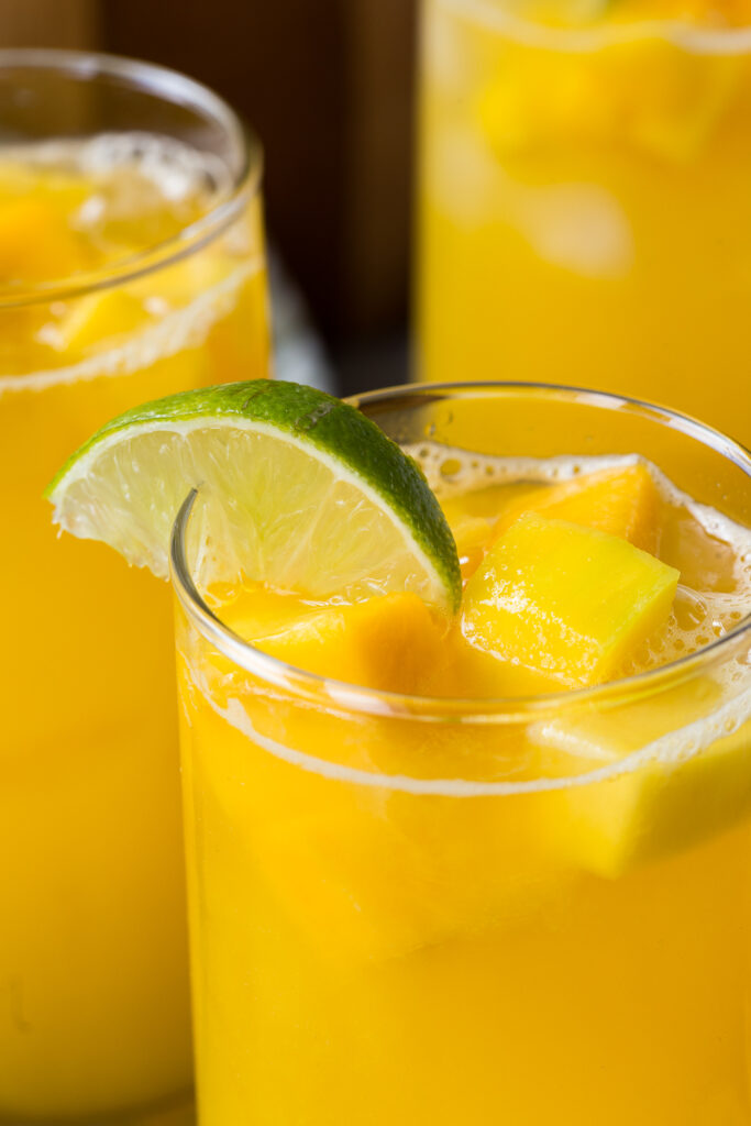 Mango lemonade, fresh made lemonade with mango blended up and mixed in for a delicious summer drink. 