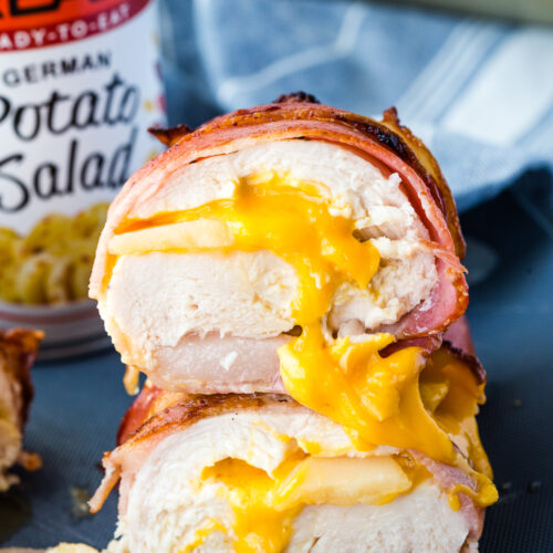 Bacon wrapped potato and cheese stuffed chicken breasts