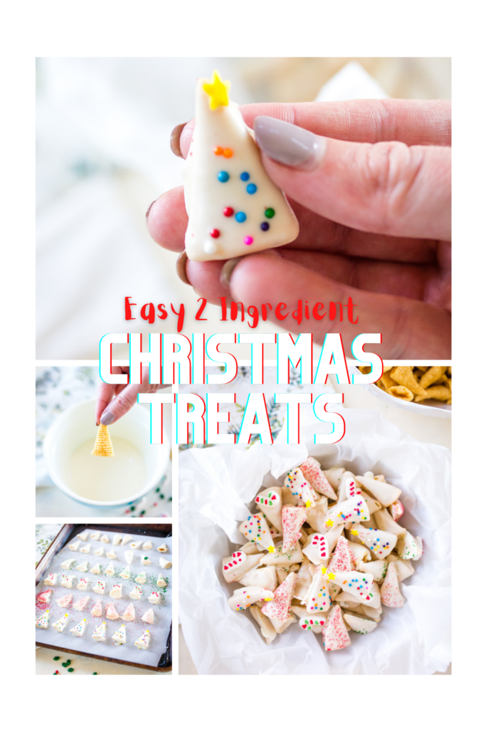 Easy 2 ingredients Christmas Treats- Christmas trees that are white chocolate covered Bugles. 