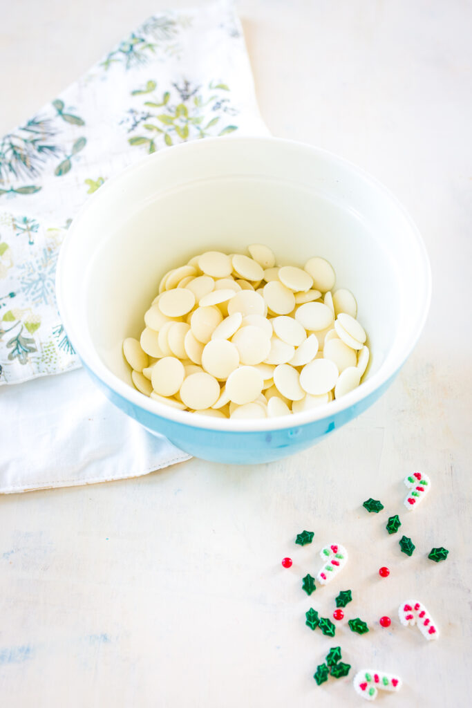 Having your chocolate ready to melt to make dipped Christmas treats trees