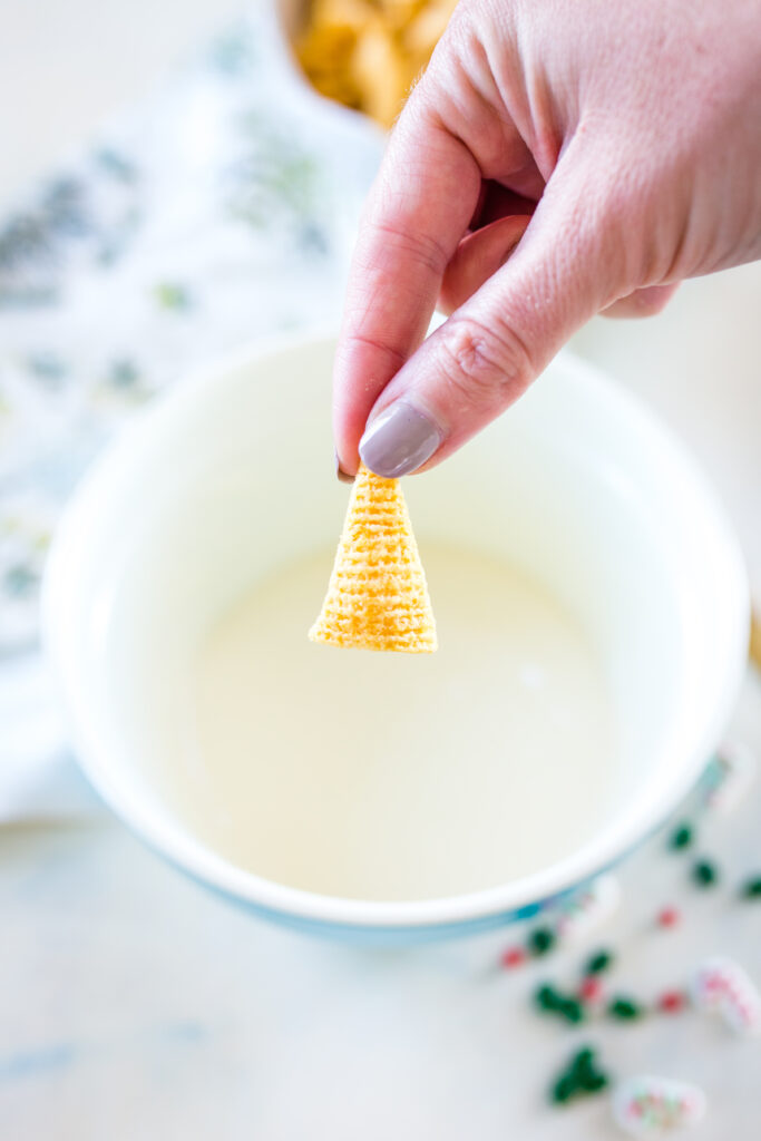 Adding Bugles to melting chocolate for dipping