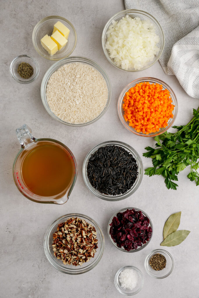 All the ingredients needed to make wild rice pilaf