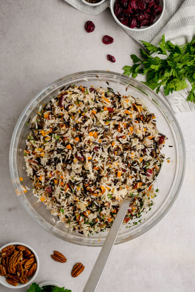 Wild rice pilaf after it has been mixed up and is ready to be seasoned and served. 