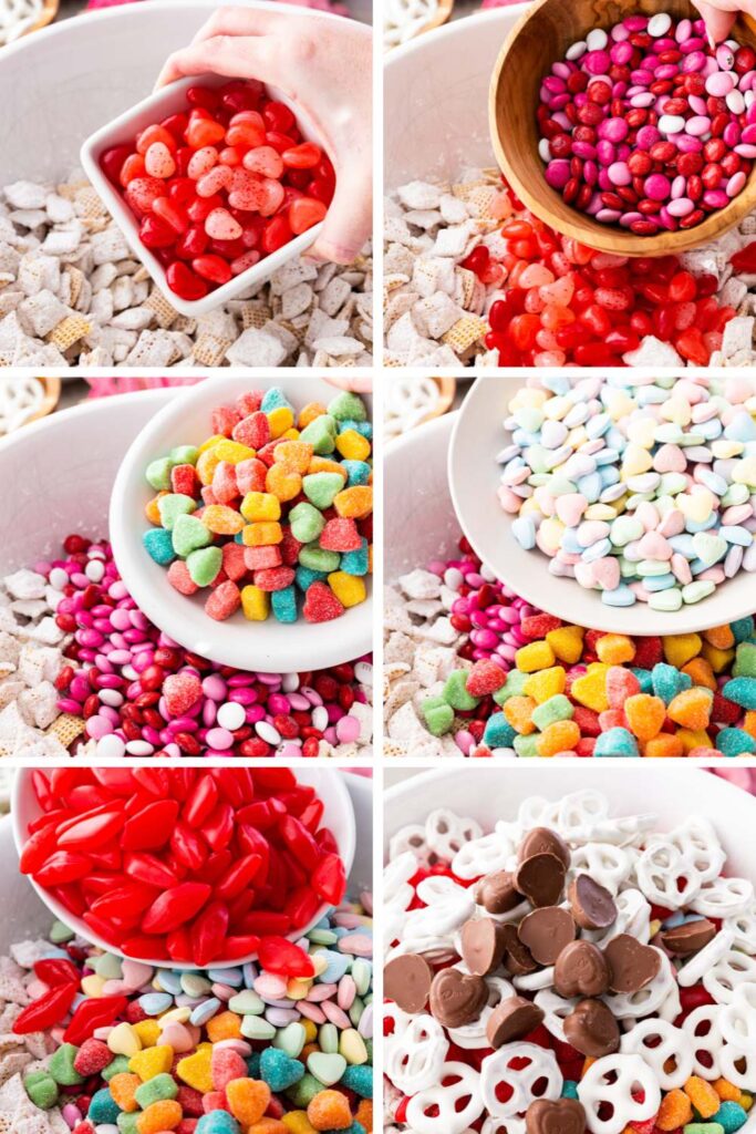 Adding all the gummies and candies to the BEST Valentine Snack Mix, made with Chex cereal and featuring sweet and salty, crunchy and chewy. It has it all and is SO EASY to make!