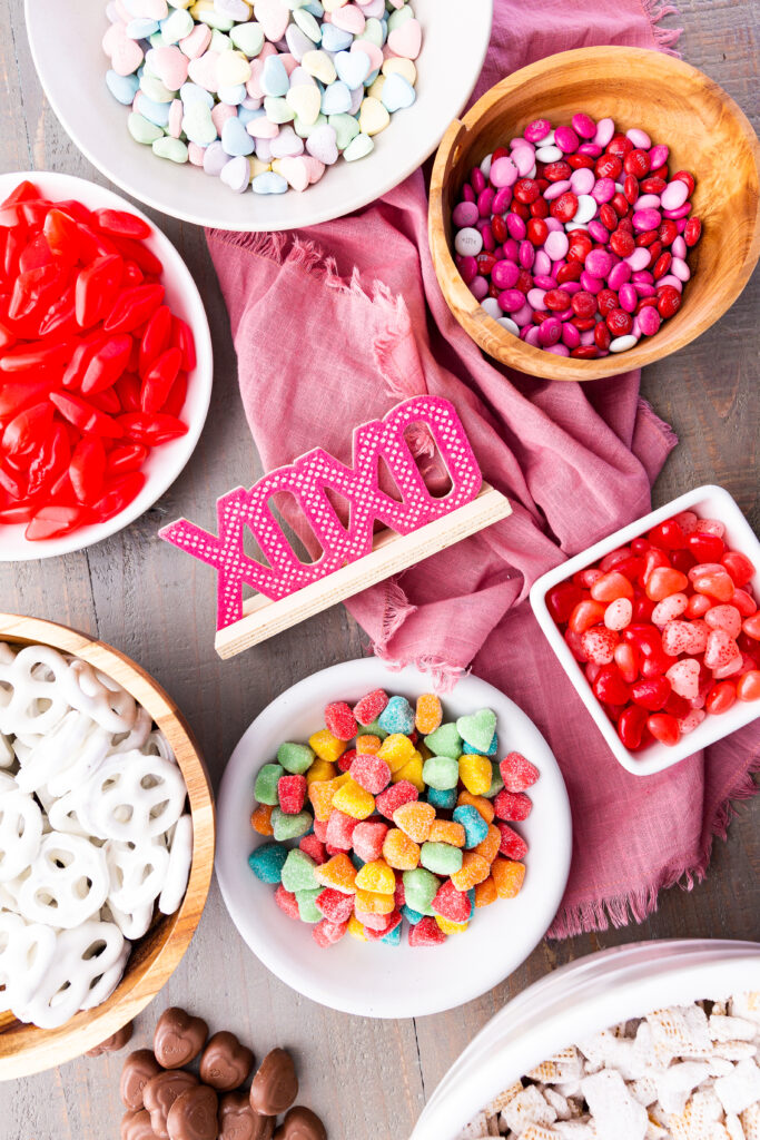 Ingredients needed for the BEST Valentine Snack Mix, made with Chex cereal and featuring sweet and salty, crunchy and chewy. It has it all and is SO EASY to make!