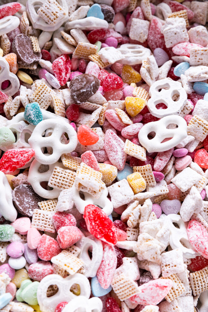 A close up of the BEST Valentine Snack Mix, made with Chex cereal and featuring sweet and salty, crunchy and chewy. It has it all and is SO EASY to make!