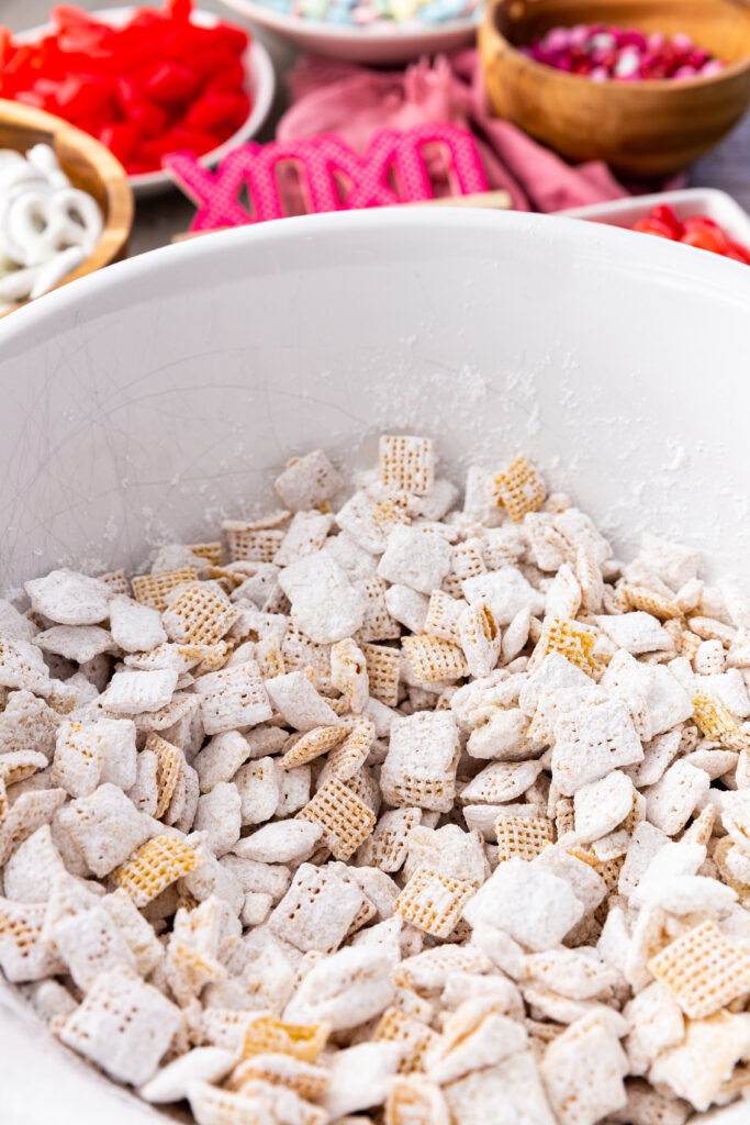 The chex cereal base for the BEST Valentine Snack Mix, made with Chex cereal and featuring sweet and salty, crunchy and chewy. It has it all and is SO EASY to make!
