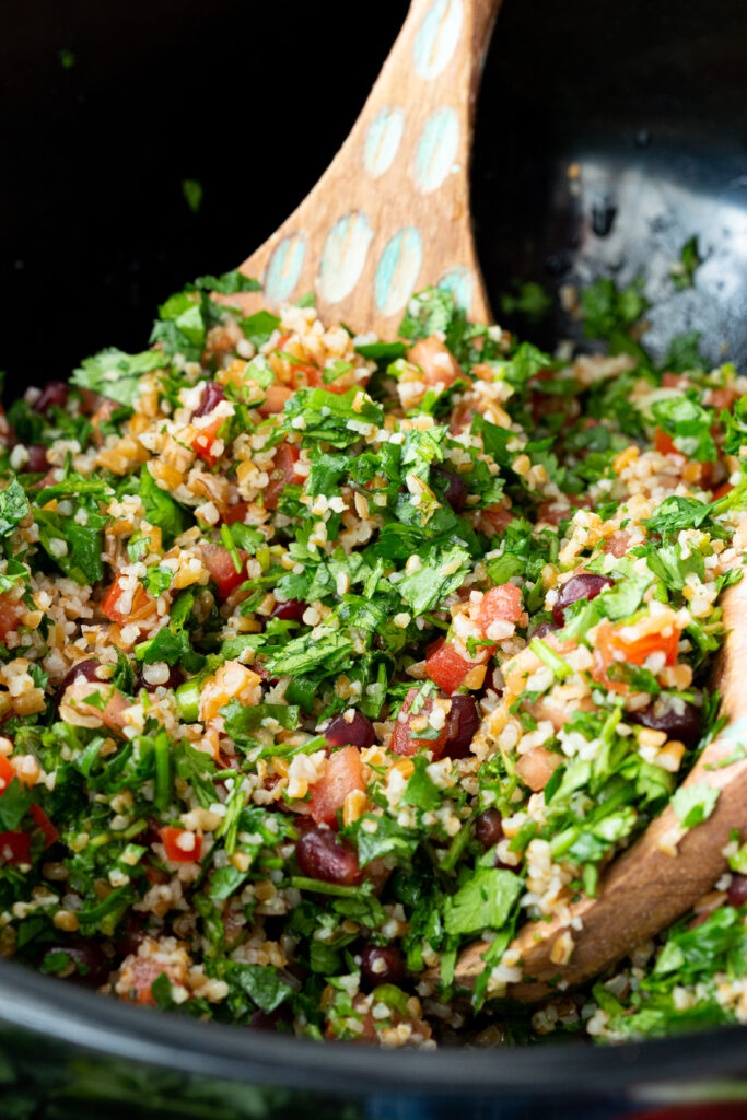 Tabbouleh, an israeli salad with fresh herbs and bulgur.