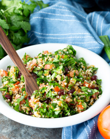 Delicious Tabbouleh, and herby salad with bulgur and a lemon and olive oil dressing