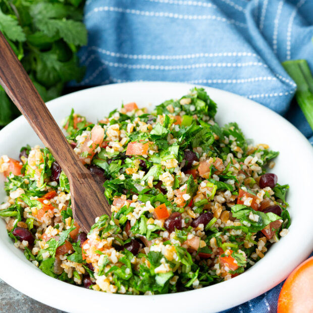Delicious Tabbouleh, and herby salad with bulgur and a lemon and olive oil dressing