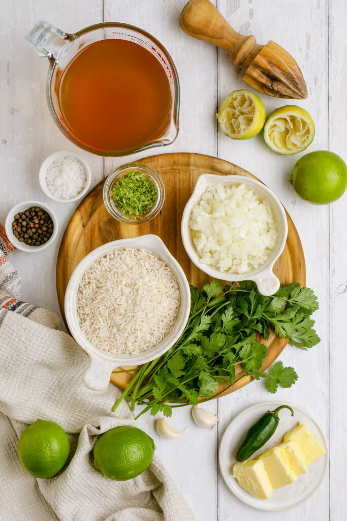 The ingredients needed for cilantro lime rice
